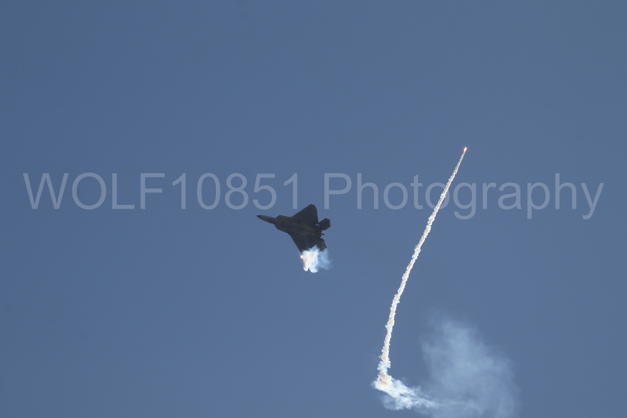 Aviation photography by WOLF10851 featuring F-22 Raptor, Raptor Demo Team, Wings Over Solano 2024, Flares.