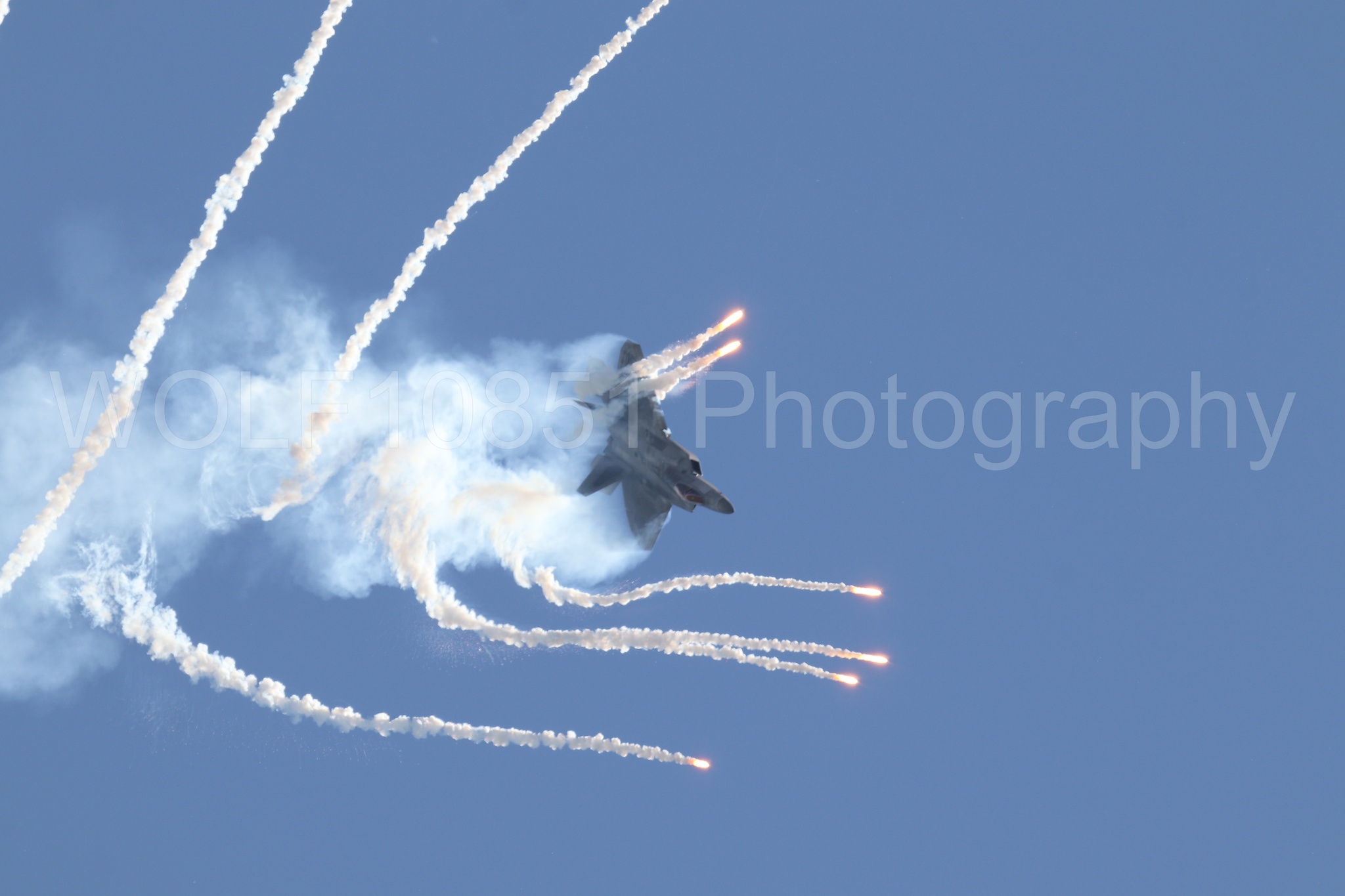 Aviation photography by WOLF10851 featuring F-22 Raptor, Raptor Demo Team, Wings Over Solano 2024, Flares.