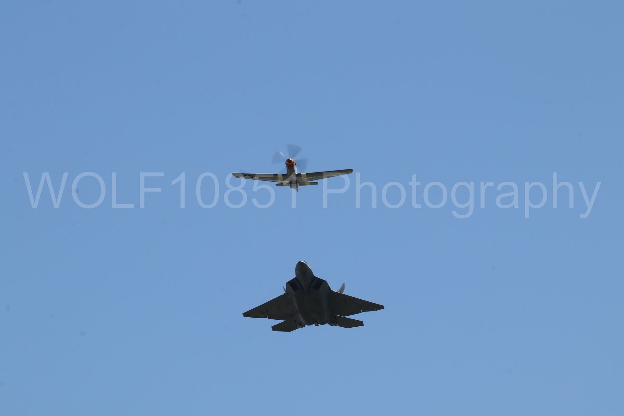 Aviation photography by WOLF10851 featuring Heritage Flight, P-51 Mustang, F-22 Raptor, Wee Willy 2, Raptor Demo Team.