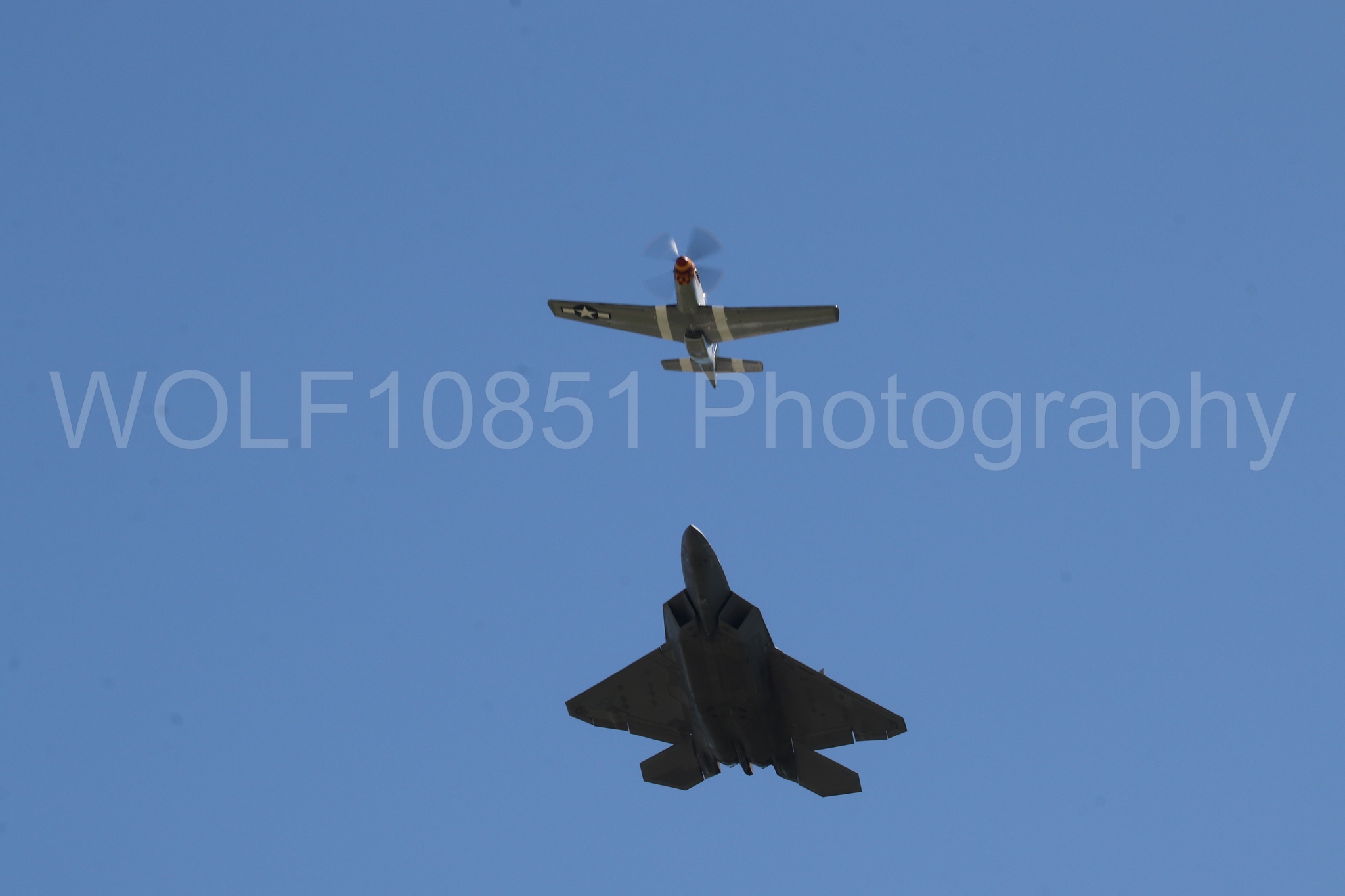 Aviation photography by WOLF10851 featuring Heritage Flight, P-51 Mustang, F-22 Raptor, Wee Willy 2, Raptor Demo Team.