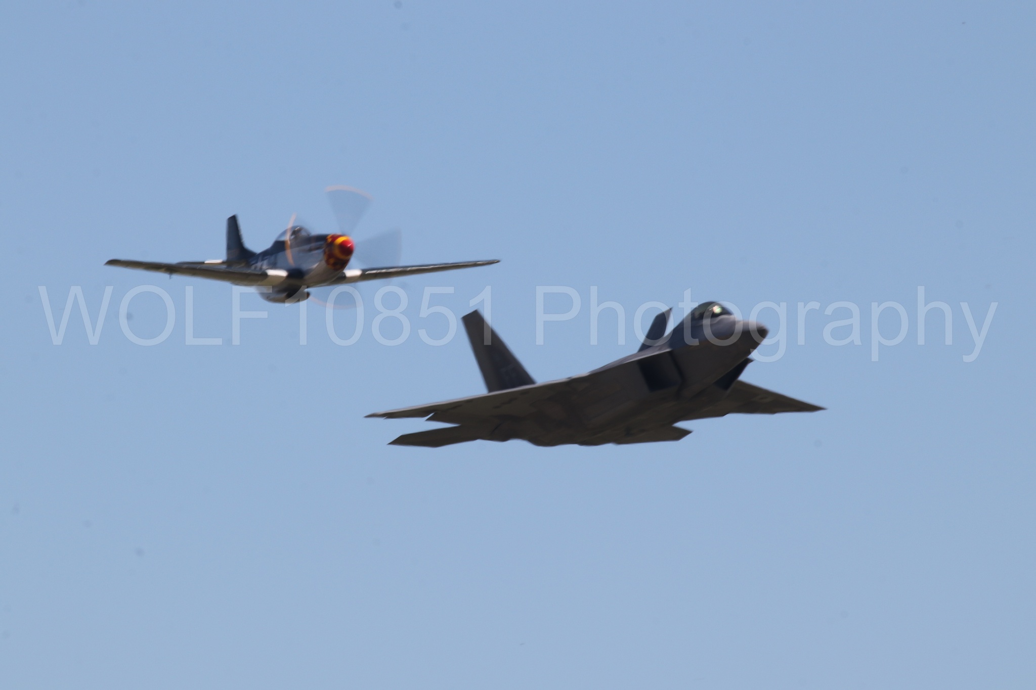 Aviation photography by WOLF10851 featuring Heritage Flight, P-51 Mustang, F-22 Raptor, Wee Willy 2, Raptor Demo Team.