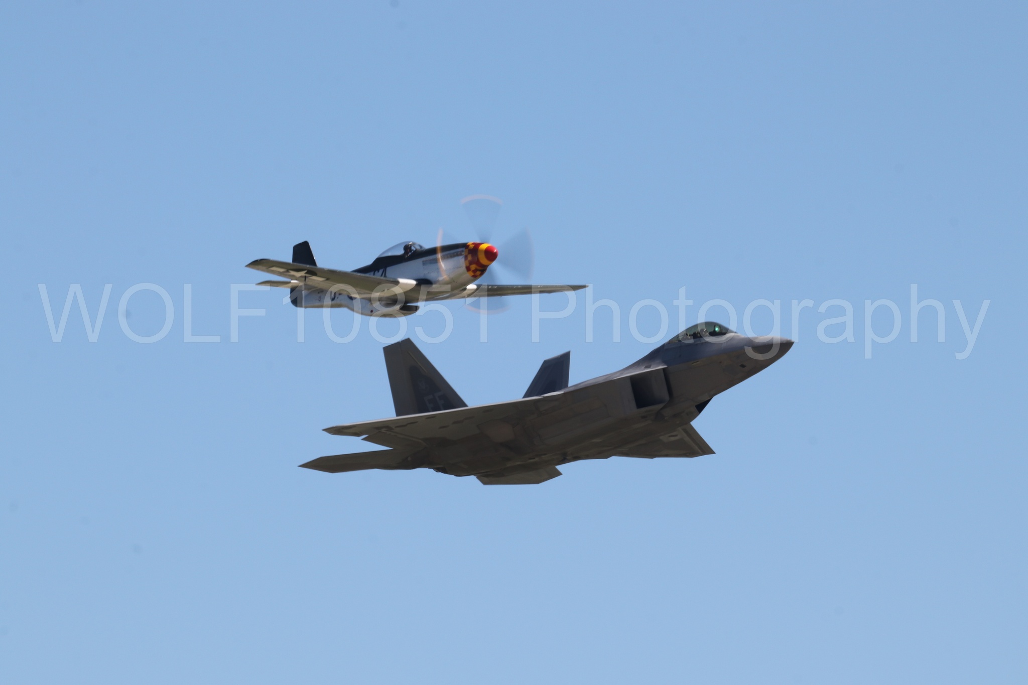 Aviation photography by WOLF10851 featuring Heritage Flight, P-51 Mustang, F-22 Raptor, Wee Willy 2, Raptor Demo Team.
