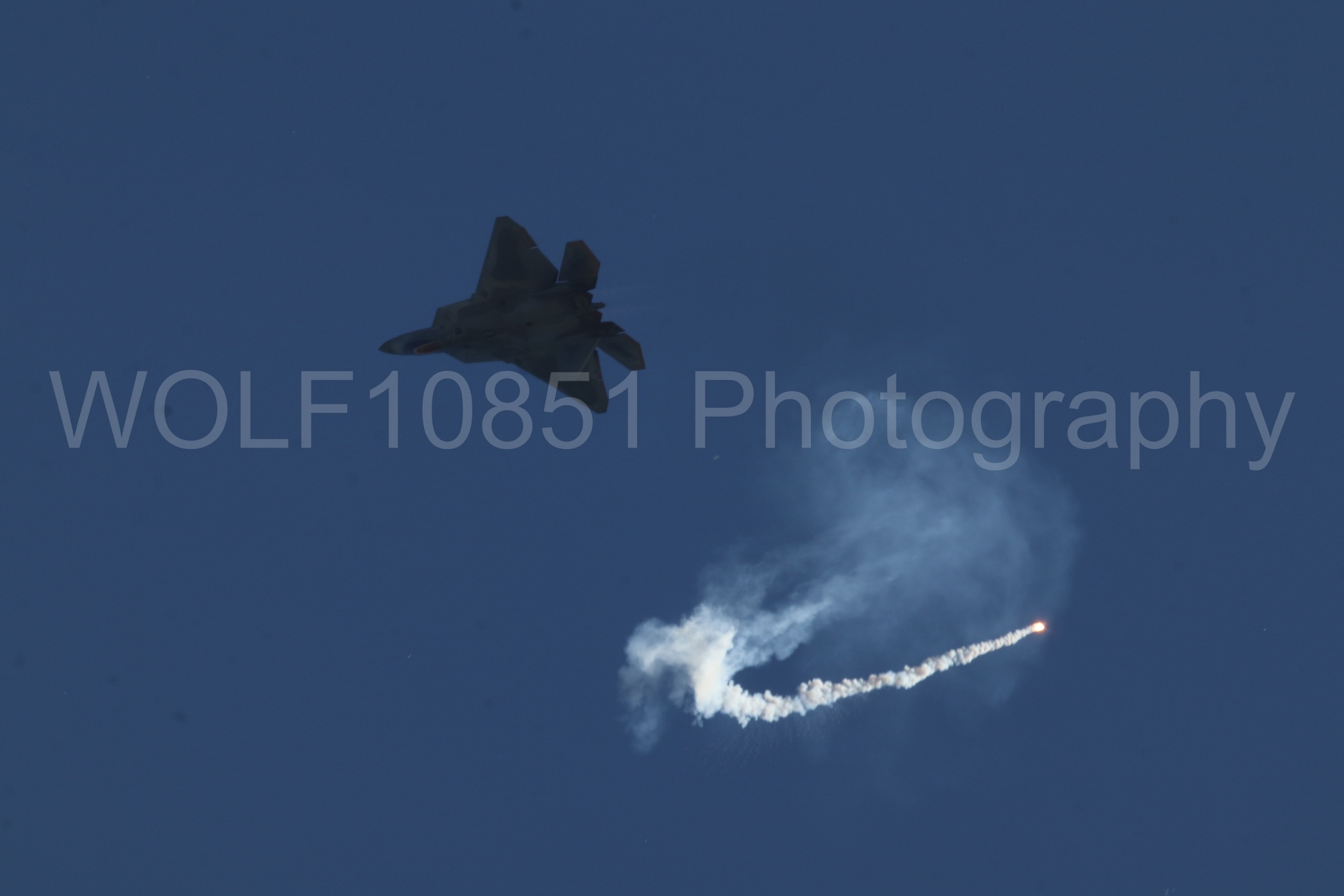Aviation photography by WOLF10851 featuring F-22 Raptor, Raptor Demo Team, Wings Over Solano 2024, Flares.