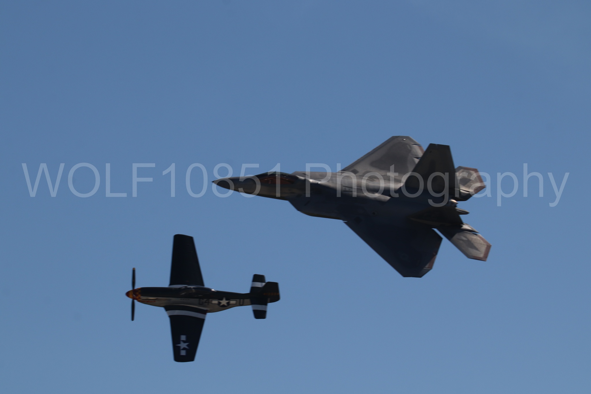 Aviation photography by WOLF10851 featuring Heritage Flight, P-51 Mustang, F-22 Raptor, Wee Willy 2, Raptor Demo Team.