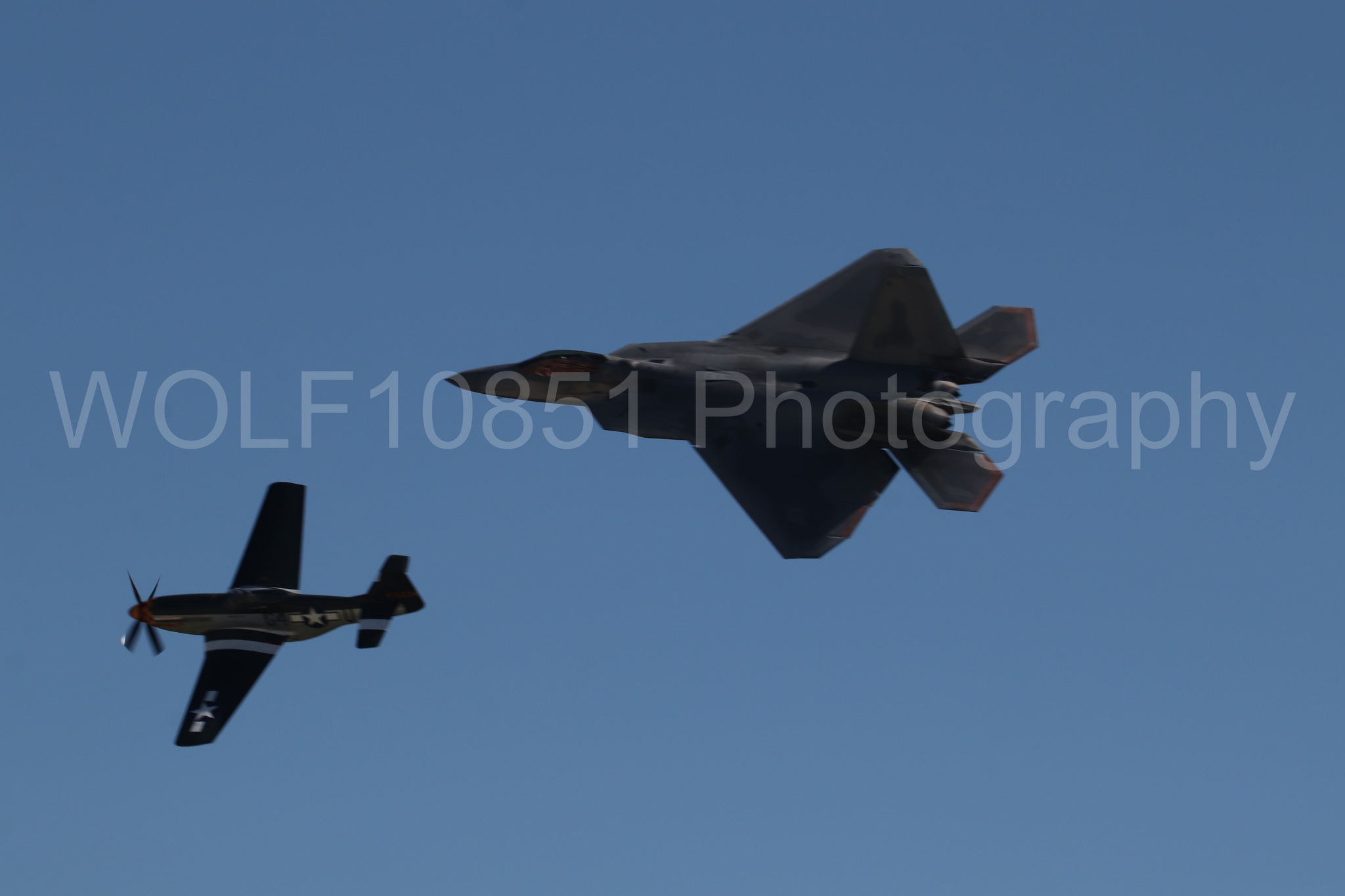 Aviation photography by WOLF10851 featuring Heritage Flight, P-51 Mustang, F-22 Raptor, Wee Willy 2, Raptor Demo Team.