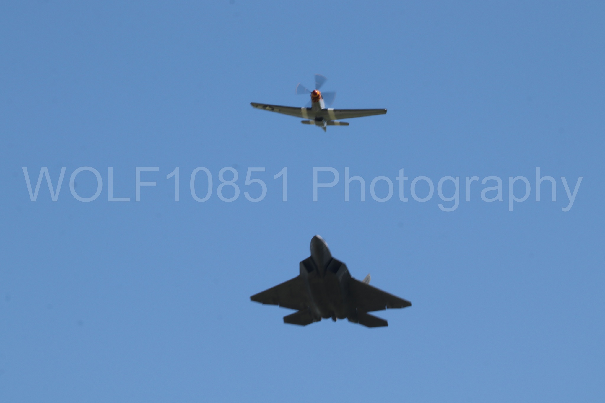 Aviation photography by WOLF10851 featuring Heritage Flight, P-51 Mustang, F-22 Raptor, Wee Willy 2, Raptor Demo Team.